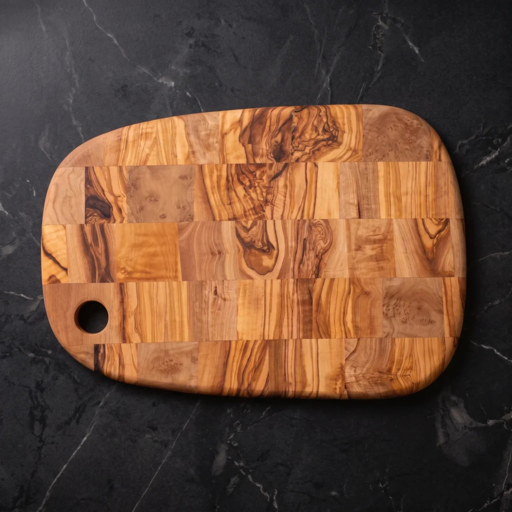 Special shape rounded olive wood cutting board with hole