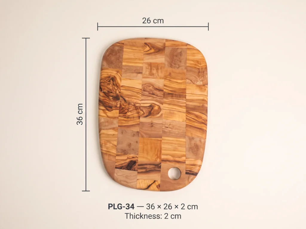 Special shape rounded olive wood cutting board dimension callout PLG-34