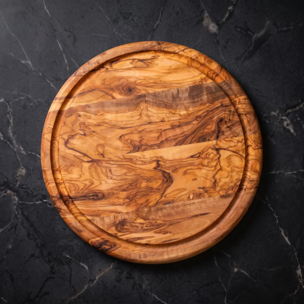 Round olive wood cheese board with groove
