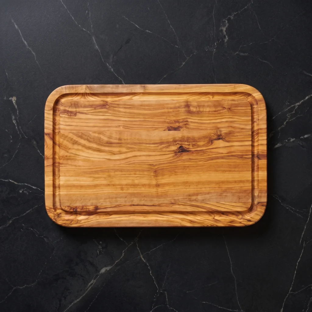 Rectangular edge-glued olive wood cutting board with rounded corners