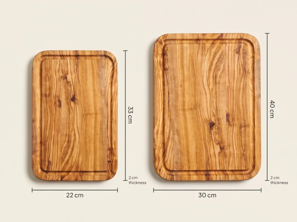 Rectangular edge-glued olive wood cutting board size comparison 33x22 cm Medium and 40x30 cm Large