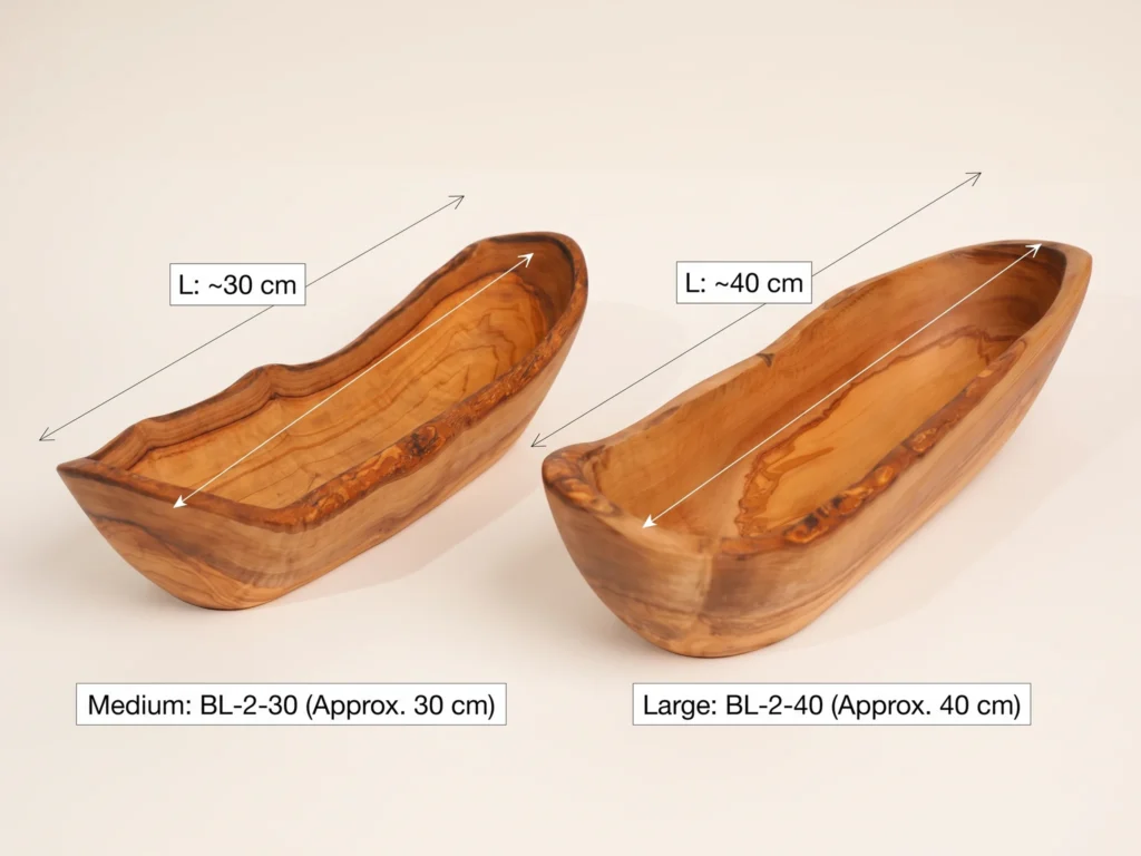 Technical size comparison of rustic olive wood bread baskets BL-2-30 (30cm) and BL-2-40 (40cm) with dimensions