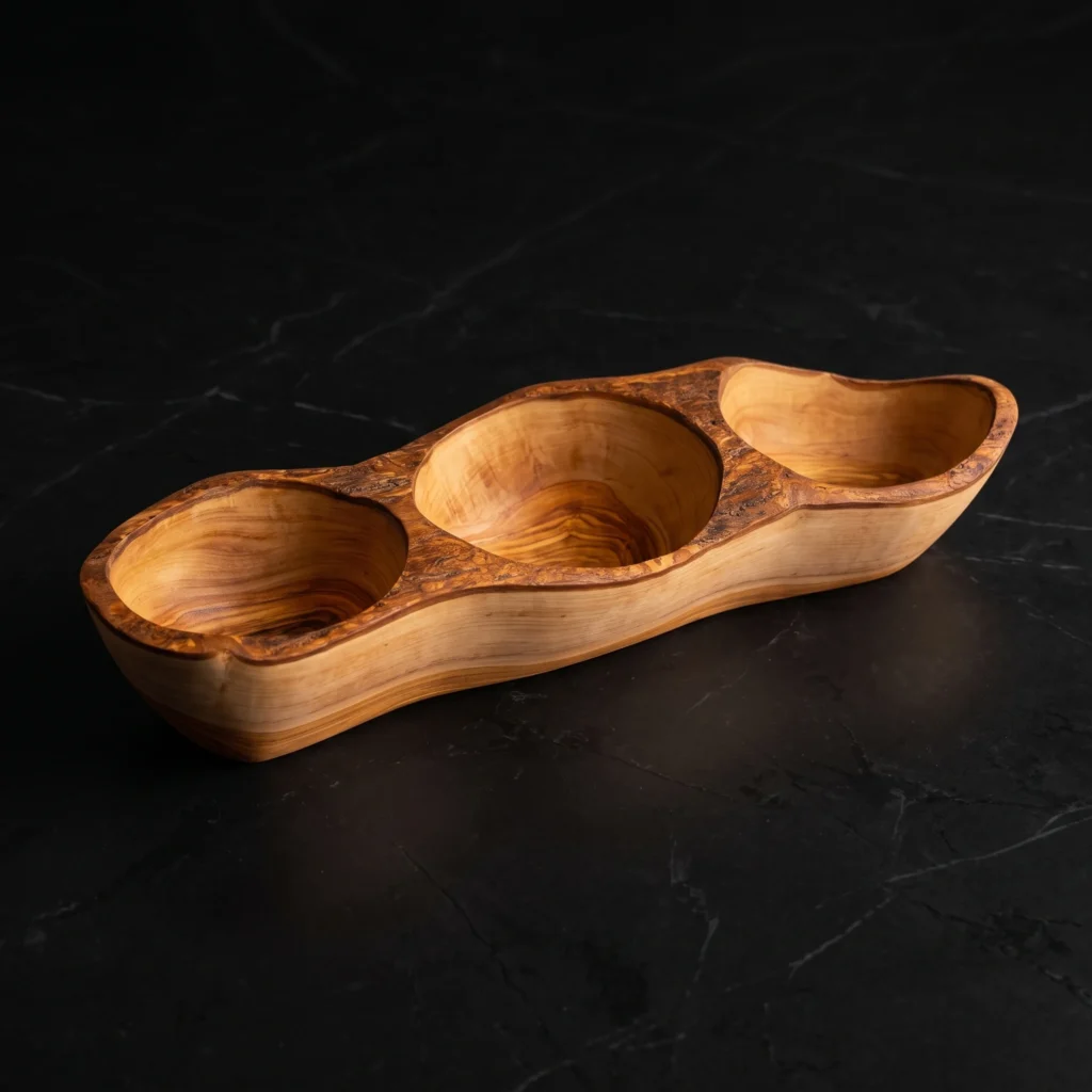 Handcrafted rustic olive wood appetizer dish with 3 carved sections and live-edge rim