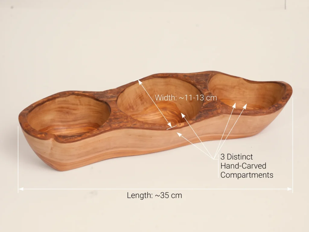 Technical dimension callout of rustic olive wood appetizer dish BL-3-35 (~35cm) with 3 hand-carved compartments