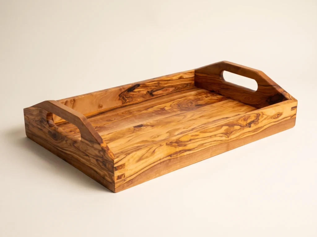 Three-quarter perspective view of rectangular olive wood serving tray showing interior depth and rising handle