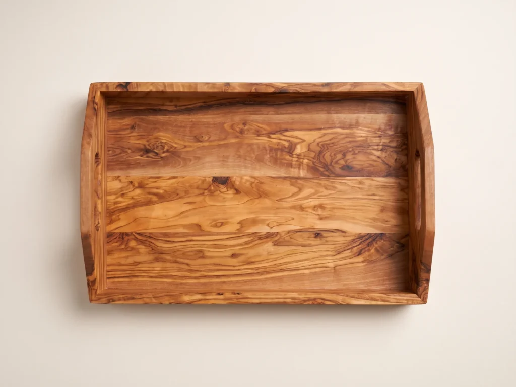 Perpendicular 90-degree overhead knolling flat-lay view of rectangular olive wood serving tray