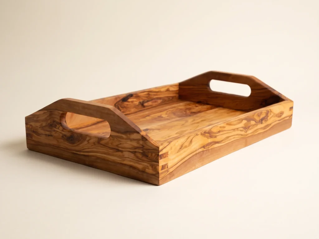 Low-angle profile view of olive wood serving tray showing 4 cm rim height and rising cutout handle