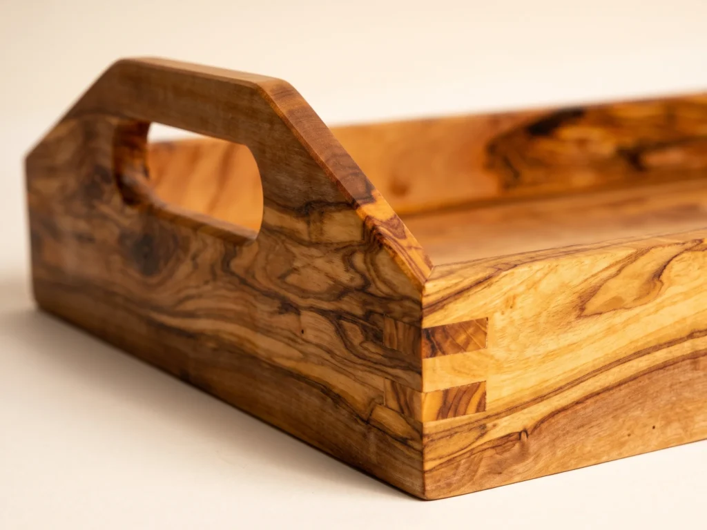 Macro close-up photograph of interlocking finger-joint corner carpentry and smooth cutout handle of olive wood serving tray