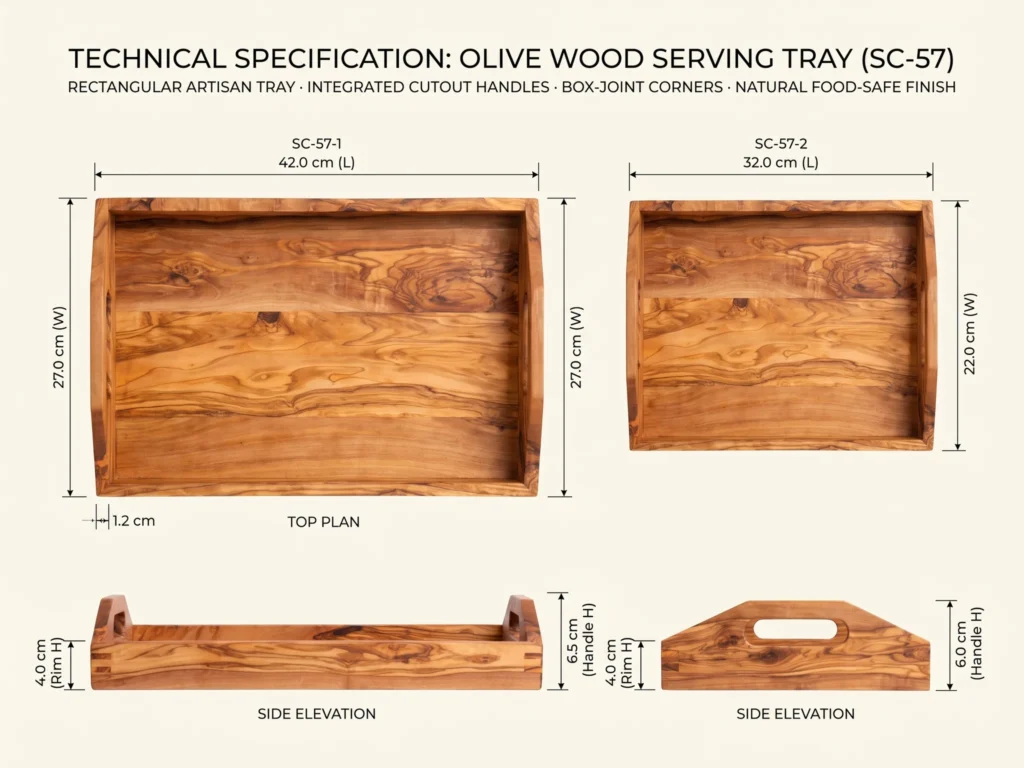 Architectural technical specification drawing of olive wood serving tray SC-57 comparing 42x27 cm and 32x22 cm sizes