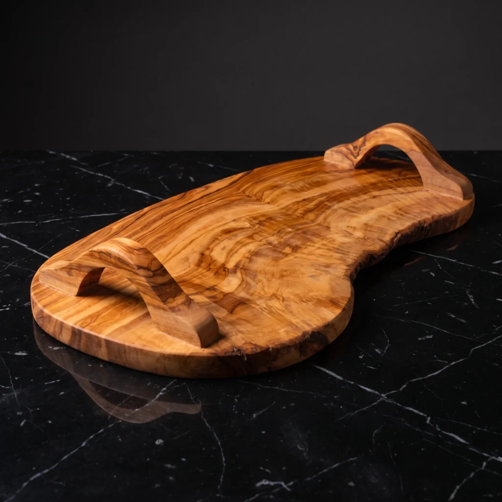 Live-edge olive wood serving tray on black marble
