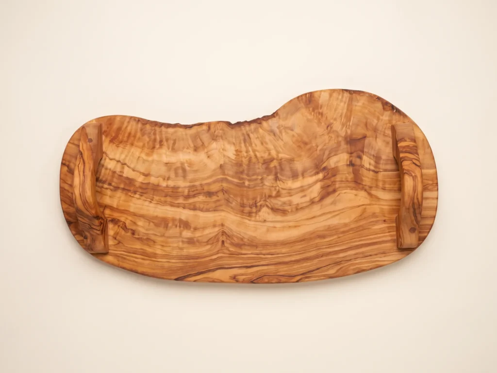 Overhead 90 degree view of natural olive wood serving tray SC-87 showing flat surface and live-edge contour