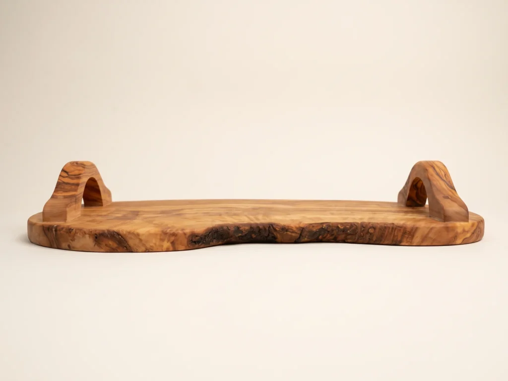 Low profile 4-8 degree elevation of natural olive wood serving tray SC-87 showing board thickness and arched handles