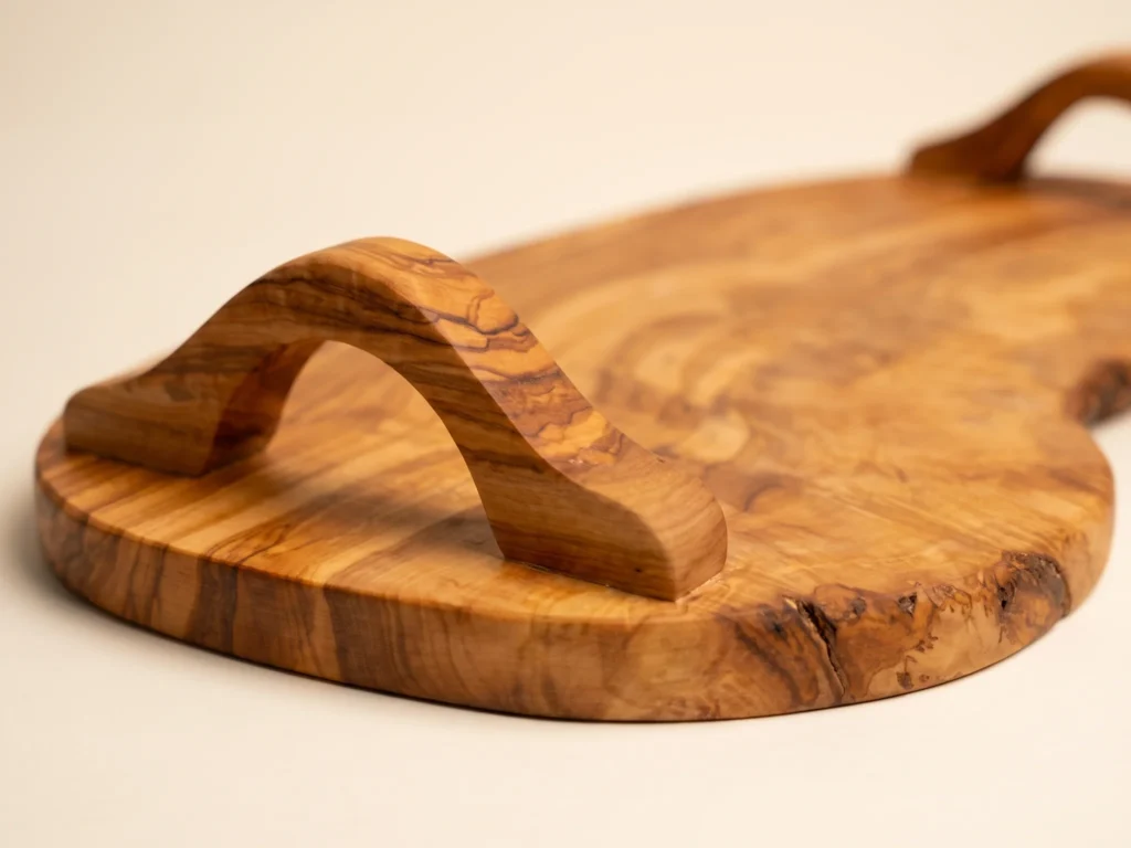 Macro close-up on arched wooden handle and live-edge bark texture of olive wood serving tray SC-87