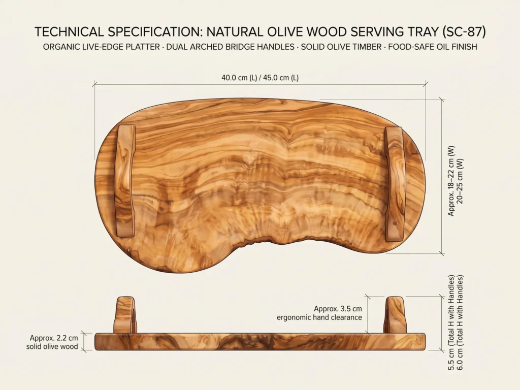 Technical CAD dimensional specification sheet for olive wood serving tray SC-87 comparing 40cm and 45cm formats