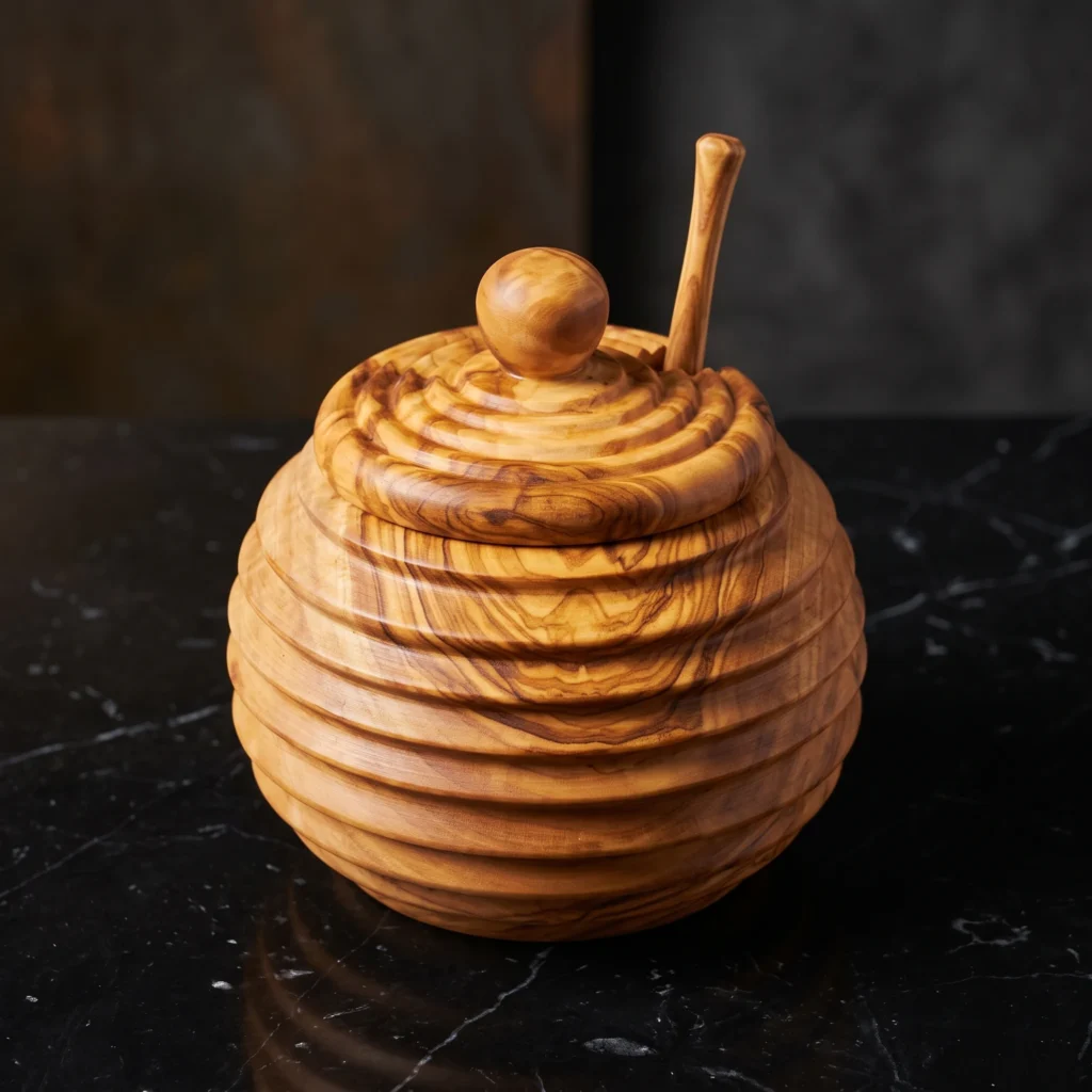 Handcrafted round olive wood honey jar with beehive ribs and matching dipper on black marble