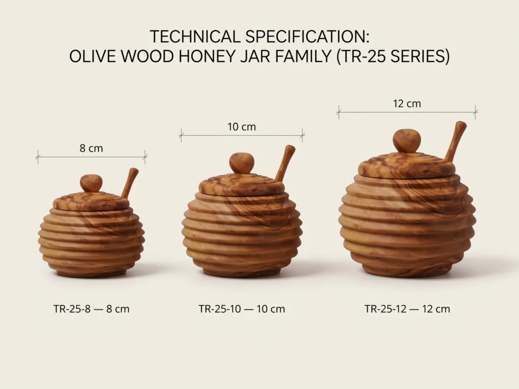 Technical CAD specification of olive wood honey jar family TR-25 showing 8 cm, 10 cm, and 12 cm models