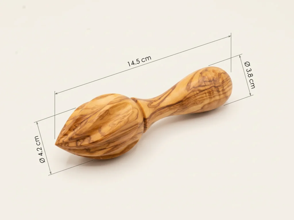 Plan technique dimensionnel coté du presse-citron en bois d'olivier TR-19 longueur 14,5 cm tête Ø 4,2 cm poignée Ø 3,8 cm