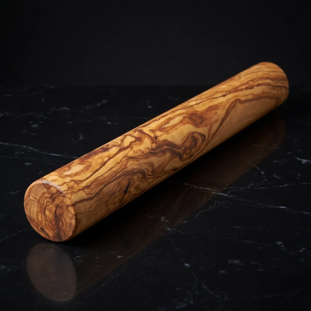 Handcrafted cylindrical olive wood rolling pin with natural grain on black marble