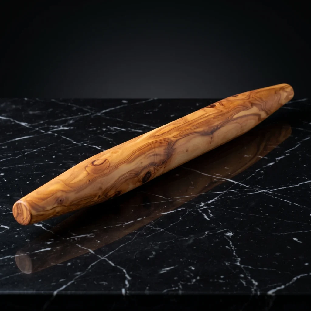 Handcrafted pointed tapered olive wood rolling pin with natural grain on black marble