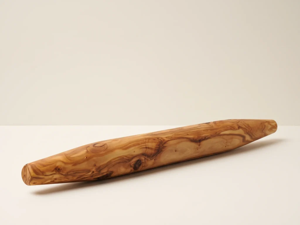 Pointed tapered olive wood rolling pin TR-30 44cm three-quarter perspective on ivory background
