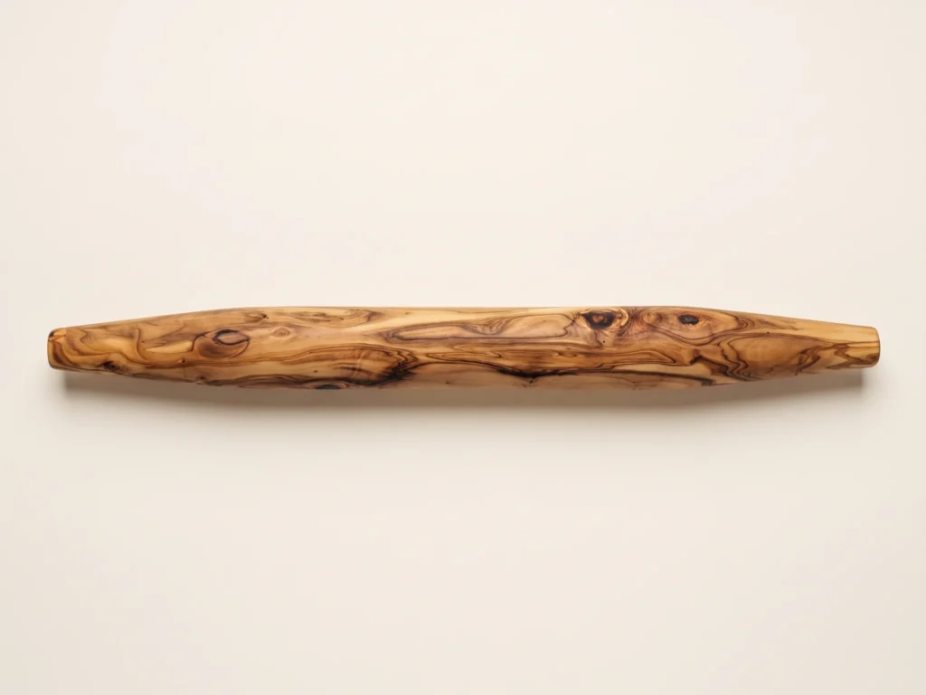 Pointed tapered olive wood rolling pin TR-30 44cm direct 90-degree overhead top-down flat-lay view