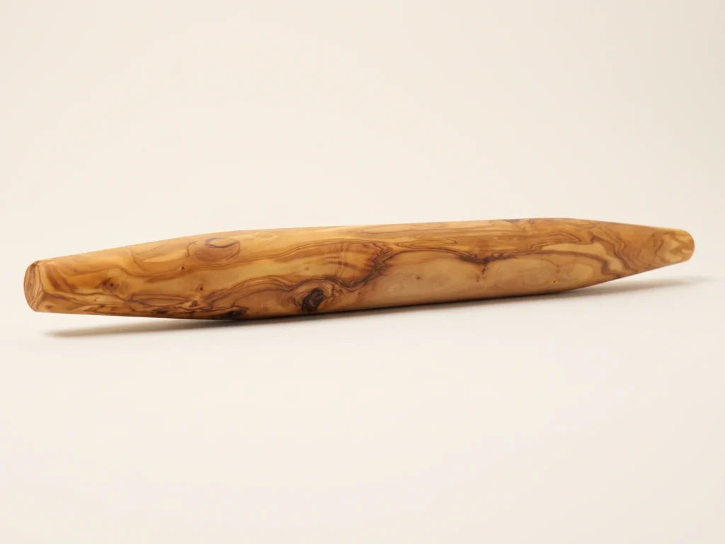 Pointed tapered olive wood rolling pin TR-30 44cm low-angle side profile view