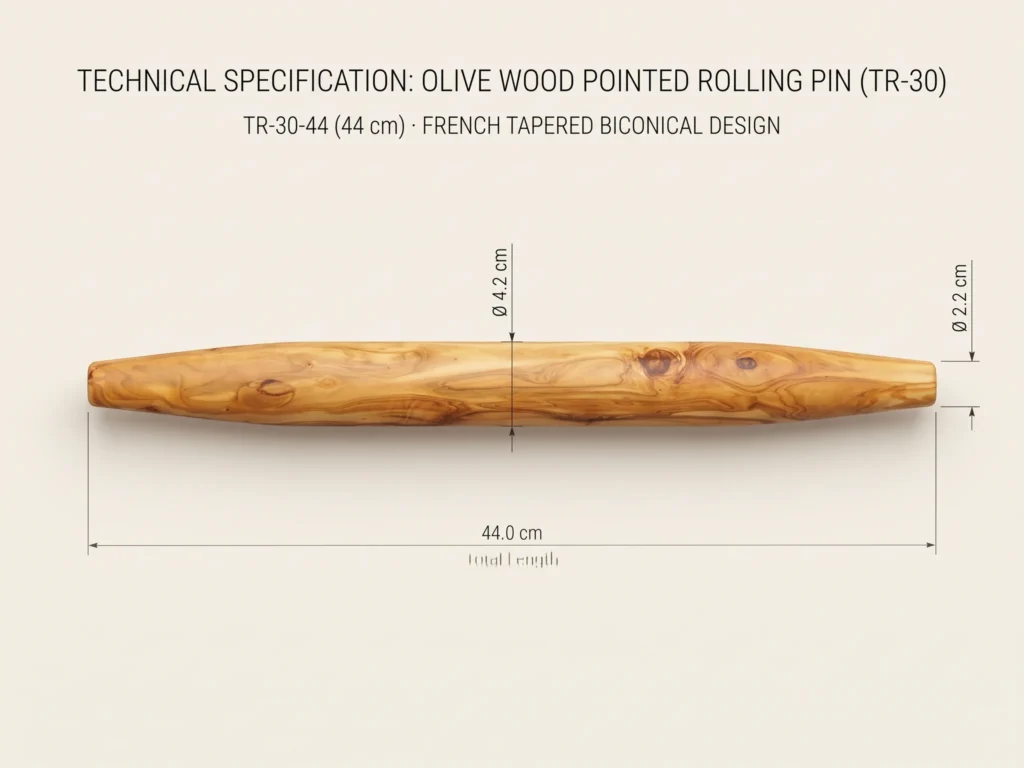 Technical CAD drawing and dimensioned elevation for pointed rolling pin TR-30-44