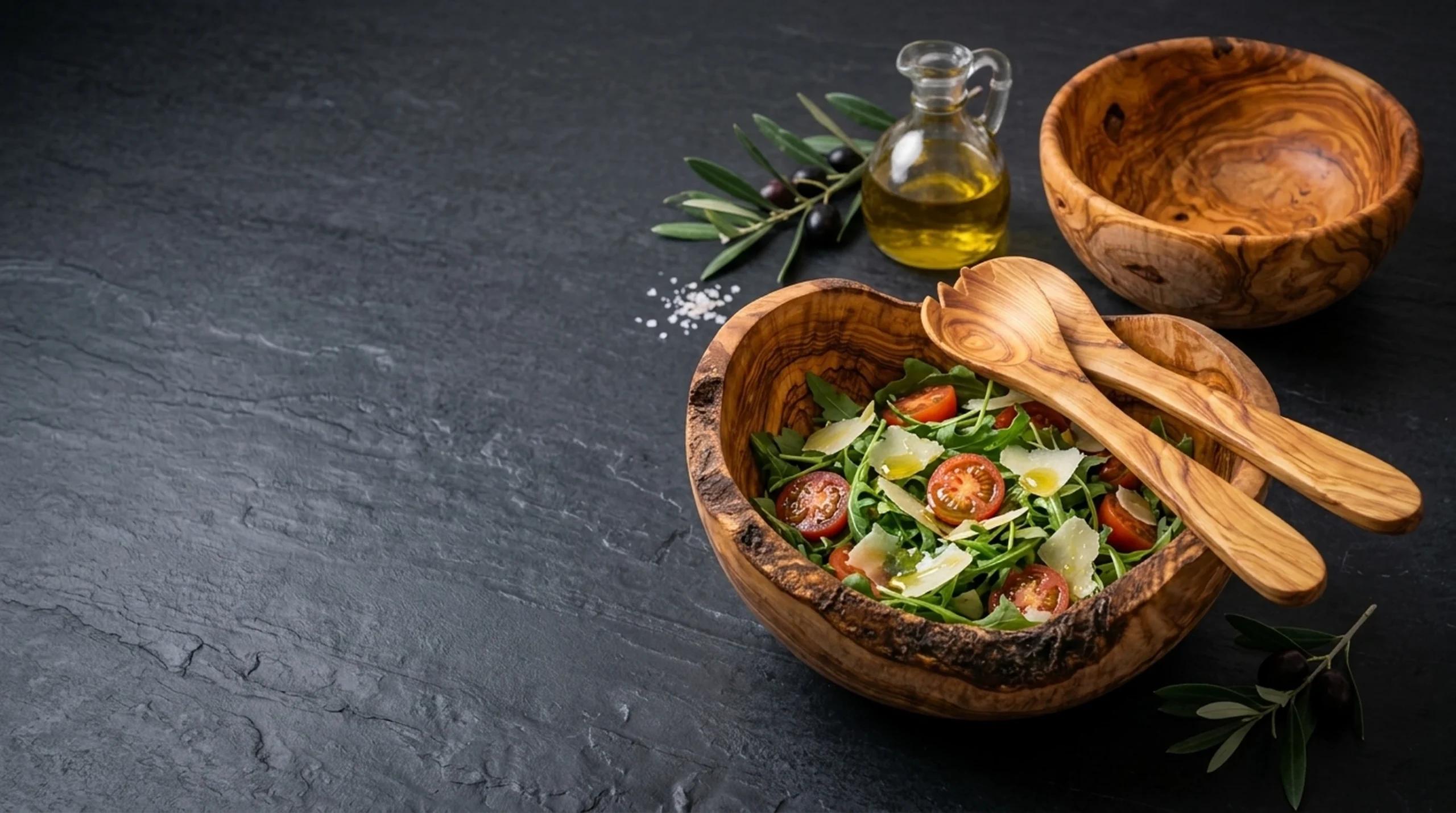 Handcrafted olive wood rustic live edge salad bowl with salad servers and fresh salad on dark charcoal slate