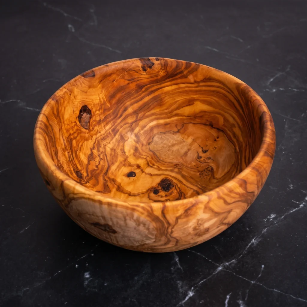 Artisan olive wood salad bowl on black marble