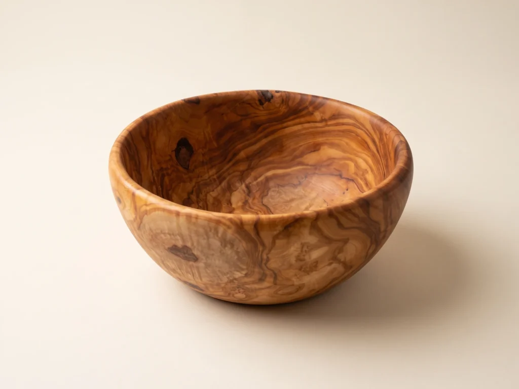 Three-quarter view of smooth solid olive wood salad bowl SL-1