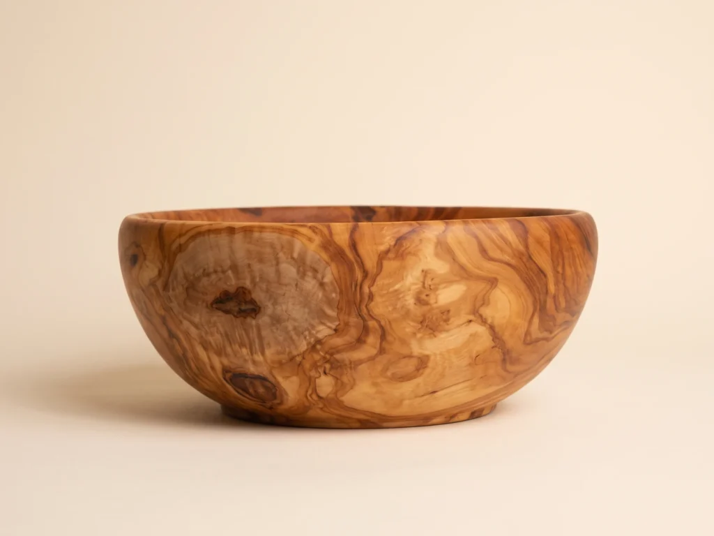 Eye-level low profile view of smooth olive wood salad bowl SL-1