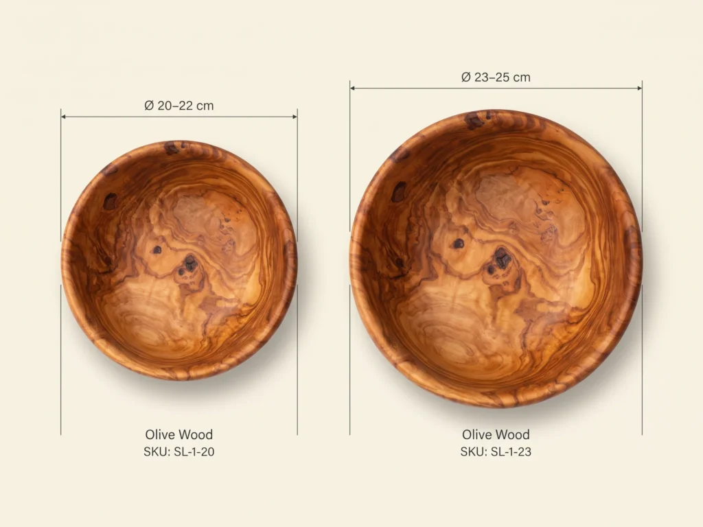 Technical size comparison of olive wood salad bowls SL-1-20 and SL-1-23 with dimensions