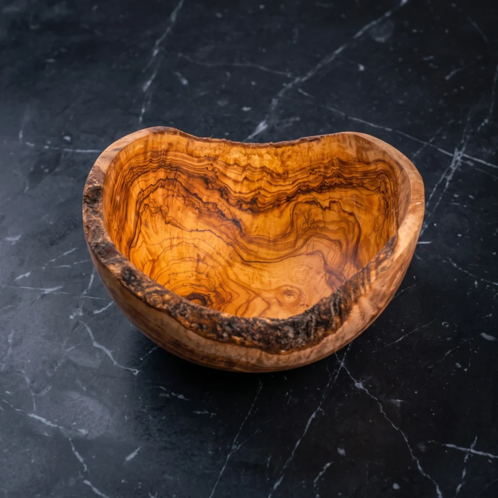 Handcrafted rustic olive wood salad bowl with natural live bark edge