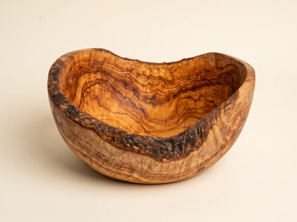 Three-quarter view of rustic olive wood salad bowl SL-2 with live edge bark rim