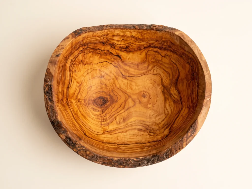 Top-down overhead view of rustic live edge olive wood salad bowl SL-2