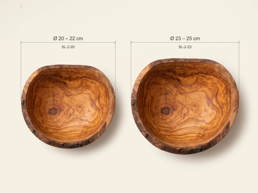 Technical size comparison of rustic olive wood salad bowls SL-2-20 and SL-2-23 with dimensions