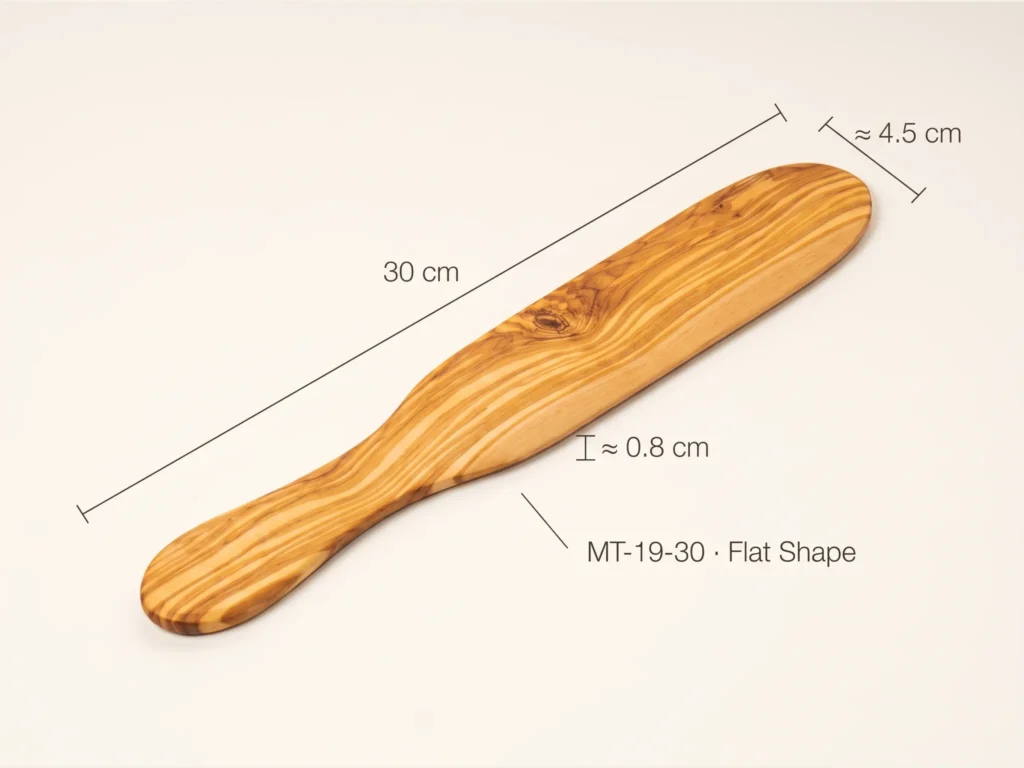 Spatule d'étalage artisanale en bois d'olivier MT-19 vue perspective basse