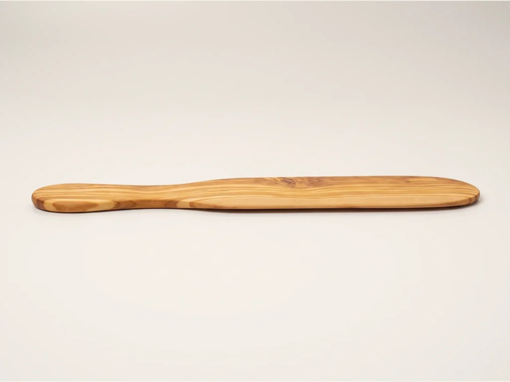 Spatule d'étalage artisanale en bois d'olivier MT-19 vue profil rasant flat shape