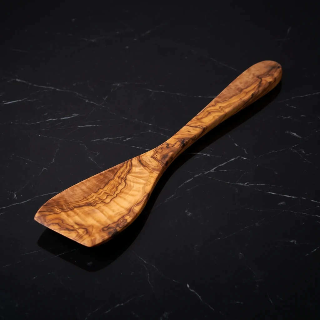 Handcrafted single olive wood flat spatula on polished black Nero Marquina marble