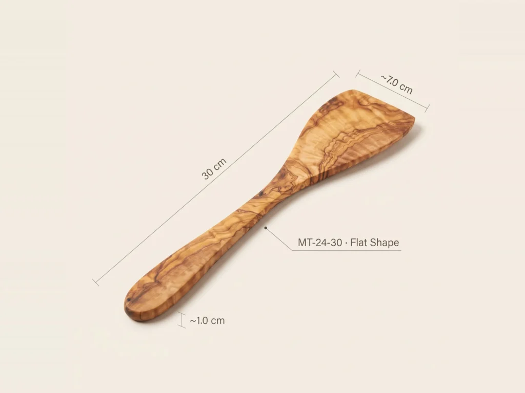 Photographie de la spatule plate en bois d'olivier avec cotations épurées 30 cm