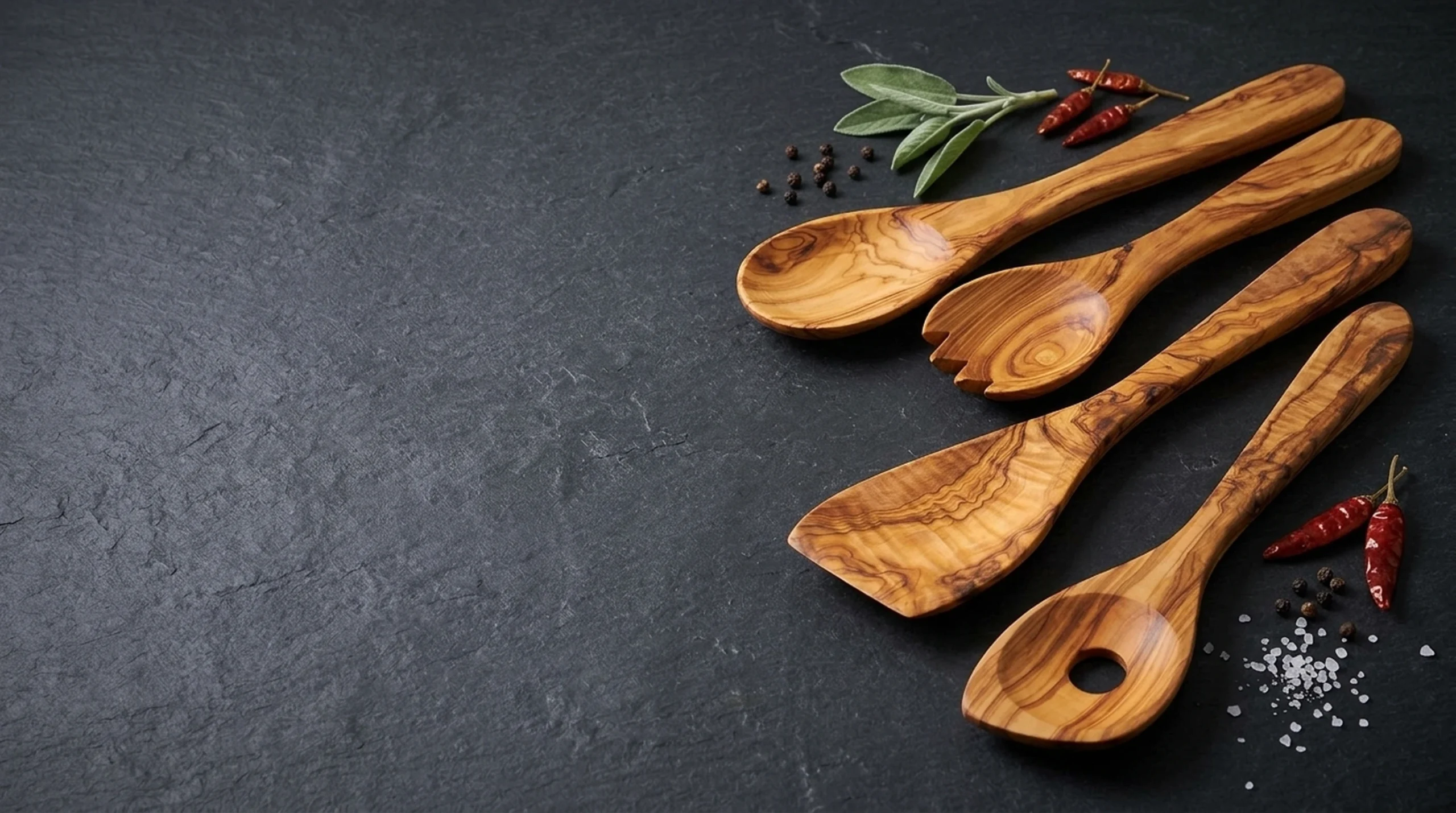 Handcrafted olive wood spoons and spatulas culinary utensils on dark charcoal slate