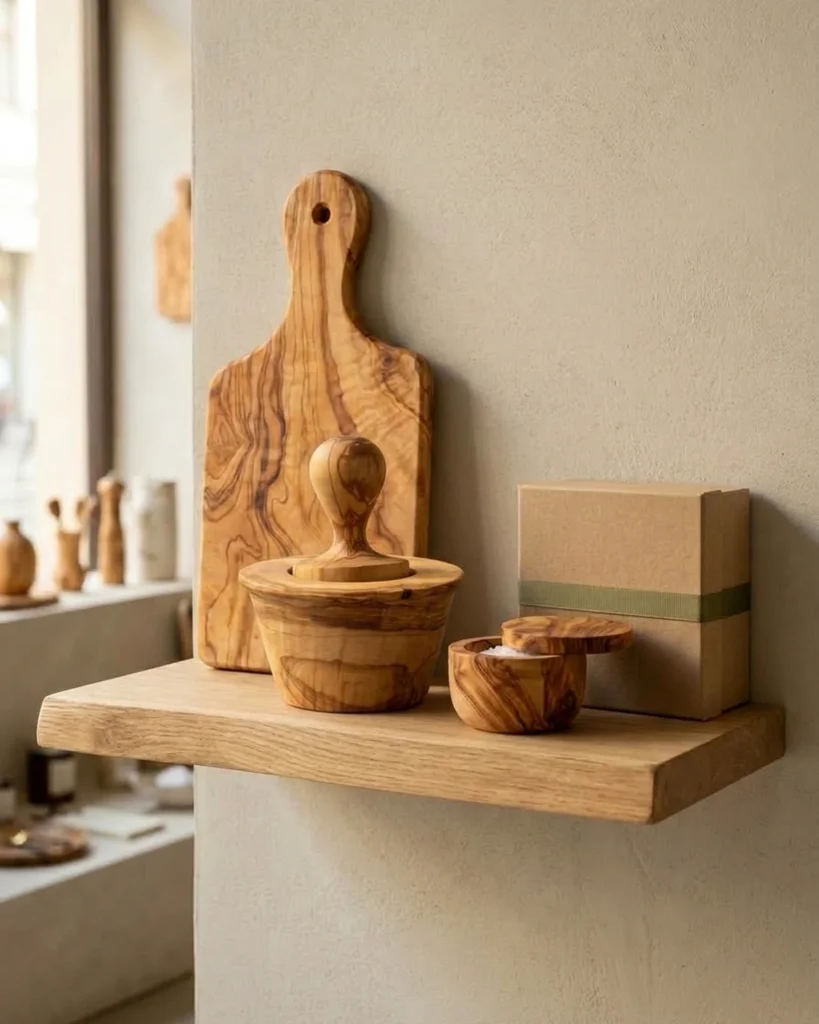 Curated Mediterranean olive wood boutique display featuring cutting board PL-9, conical mortar TR-10, salt keeper TR-12, and luxury craft gift box