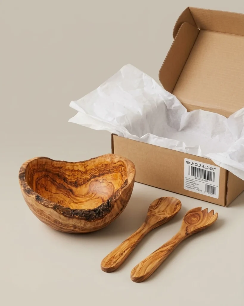 E-commerce product packshot of authentic Olizou olive wood rustic salad bowl SL-2, salad servers MT-22, and protective packaging lined with white tissue paper