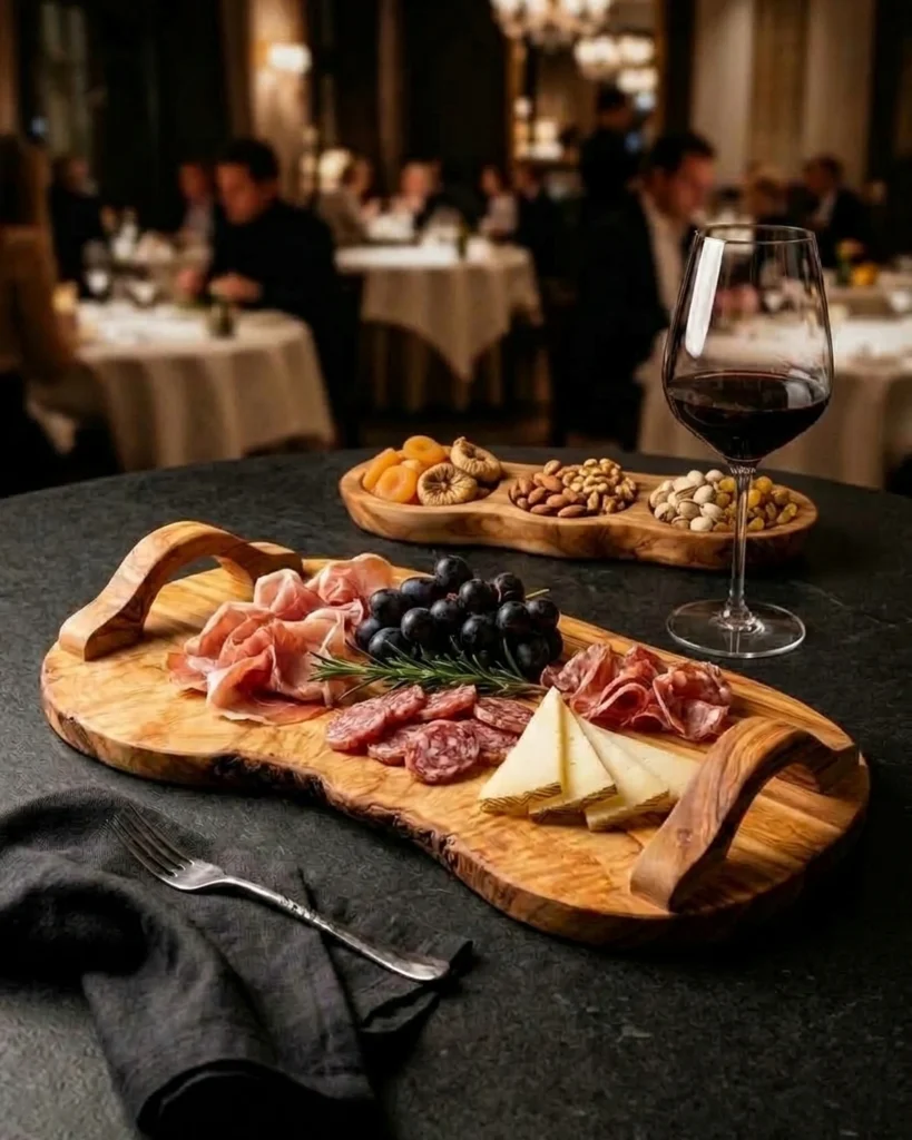 Luxury dining hospitality table setting with olive wood serving tray SC-87, charcuterie, aged cheeses, and tapas dish BL-24