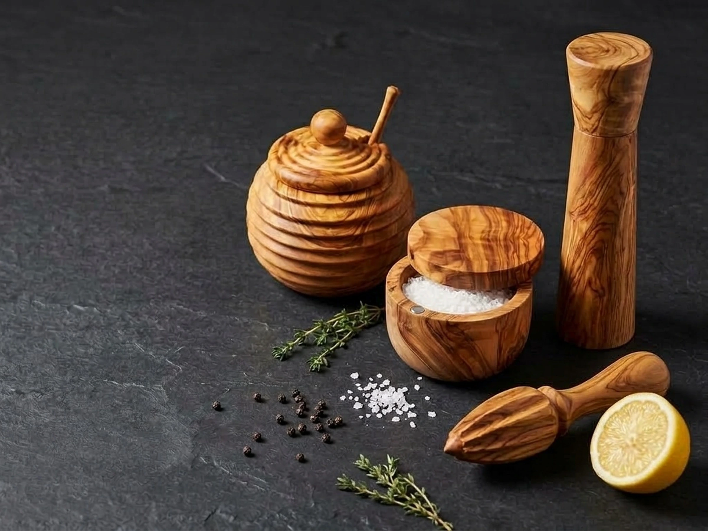 Handcrafted olive wood tabletop accessories and honey pot on dark slate