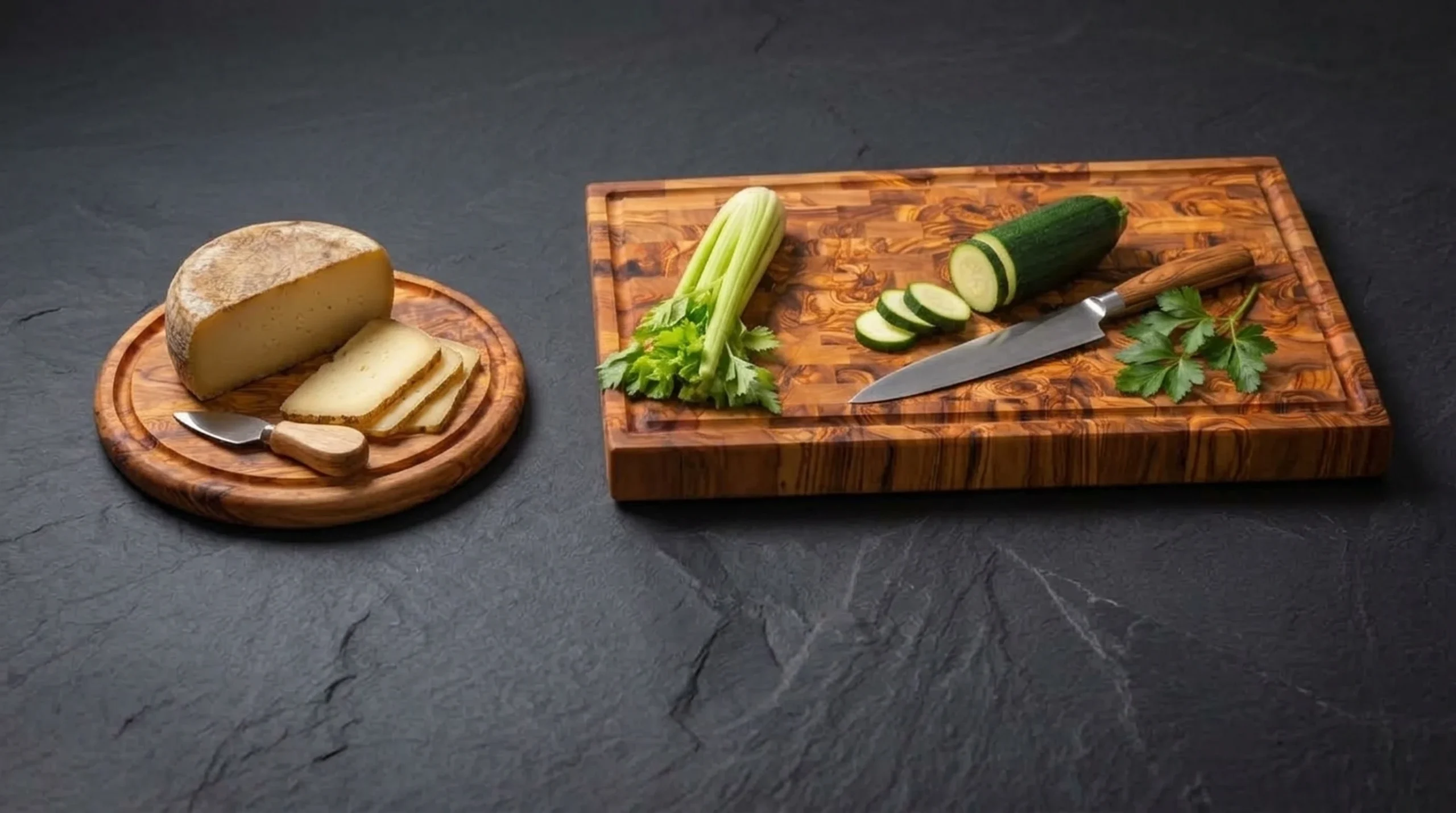 Handcrafted olive wood cutting boards and butcher blocks on dark slate