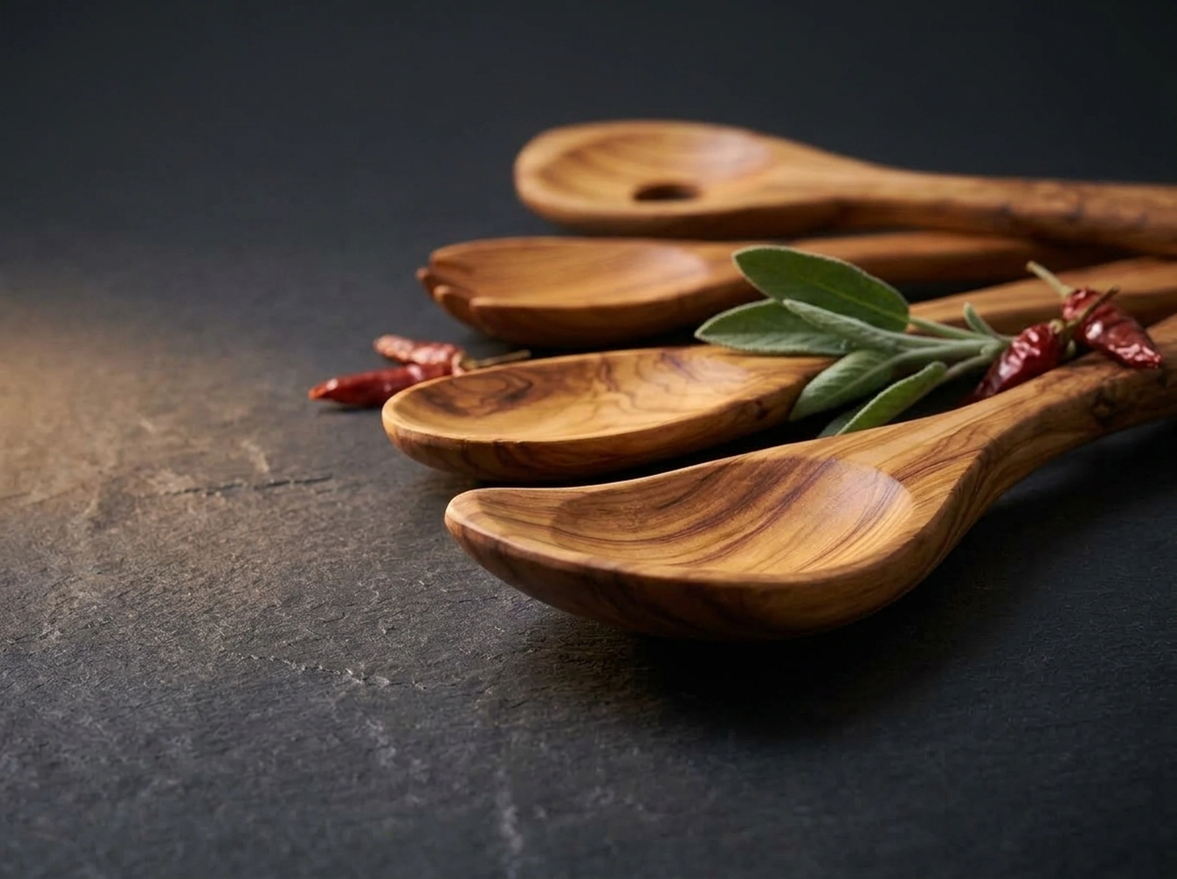 Handcrafted olive wood spoons and spatulas on dark slate